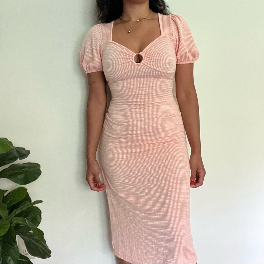Caution To The Wind Peasant Sleeve Midi Summer Dress Small Soft Pink Bodycon